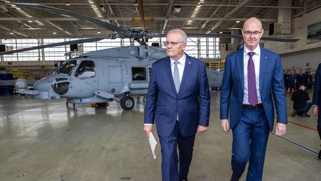 Prime Minister Scott Morrison announces an increase to Australia’s fleet of MH-60R Navy Seahawk helicopters. Picture: Jason Edwards