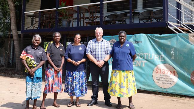 Groote Eylandt, January 13, 2025: Dorothea Lalara, Serena Bara, ALC Chair Cherelle Wurrawilya, Local Government Minister Steve Edgington, and Ida Mamarika at the Anindilyakwa Land Council office announcing the new ward structure for Groote Archipelago Regional Council. Picture: Supplied.