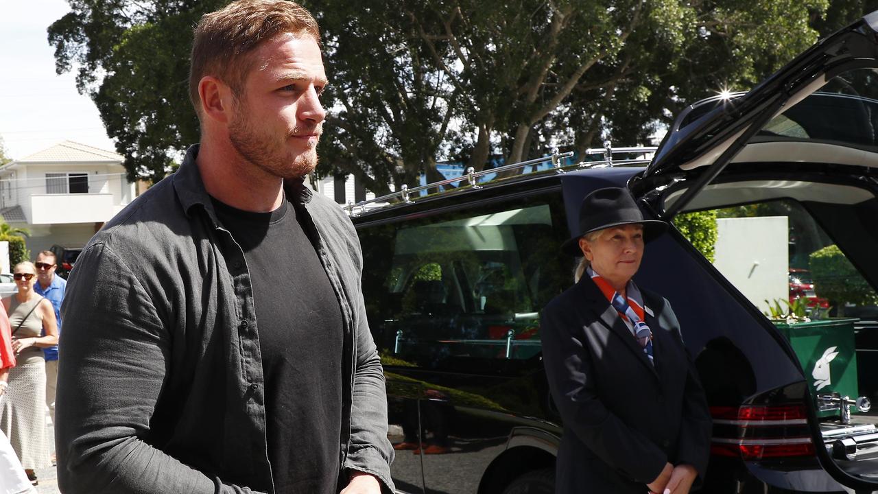 George Burgess during the funeral for Souths legend John Sattler on the Gold Coast. Picture: NCA NewsWire/Tertius Pickard