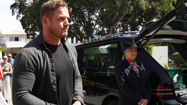 George Burgess during the funeral for Souths legend John Sattler on the Gold Coast. Picture: NCA NewsWire/Tertius Pickard