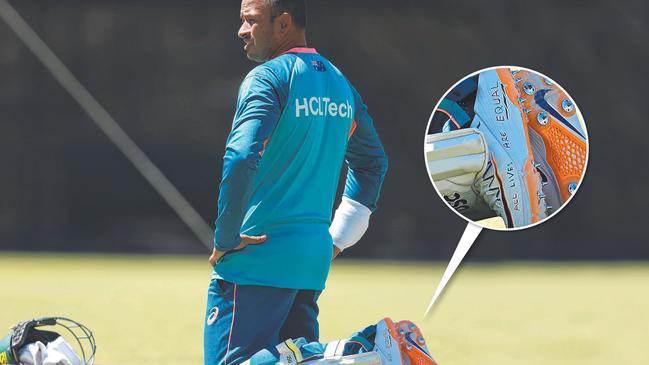 Usman Khawaja at Australian cricket training wearing the shoes he will wear in the first Test against Pakistan on Thursday. Picture: Getty Images