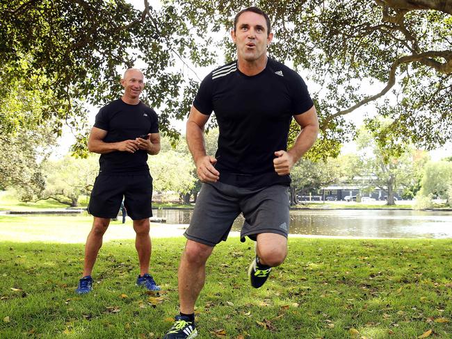 Brad Fittler, pictured with Adam MacDougall, believes meditation is just as important as physical exercise when it comes to being healthy. Picture: Sam Ruttyn