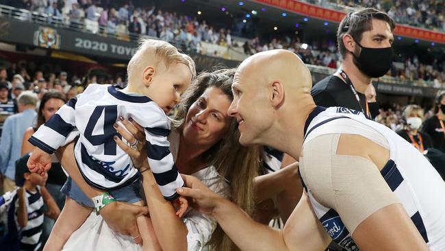 Geelong's Gary Ablett with his son Levi and wife Jordan after the Grand Final. Picture: Sarah Reed