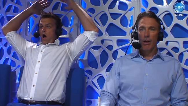 Adam Gilchrist and Damien Fleming are stunned after watching Glenn Maxwell’s dismissal.