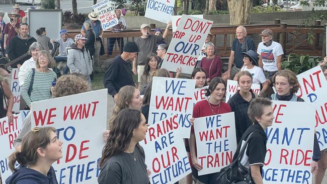 Protesters rallying to save the rail tracks at the proposed route for the Tweed Valley Rail Trail.