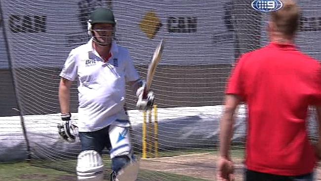 Brett Lee bowling to Piers Morgan in the MCG nets. Picture: Channel Nine