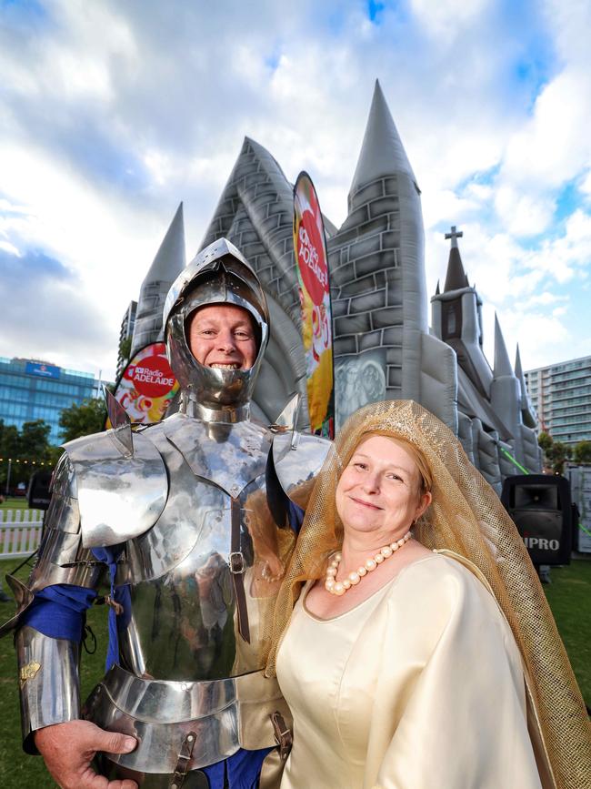 Guy and Dianna Harrison renewed their marriage vows at The Inflatable Church in the same wedding outfits they married in 28 years ago. Picture: Russell Millard