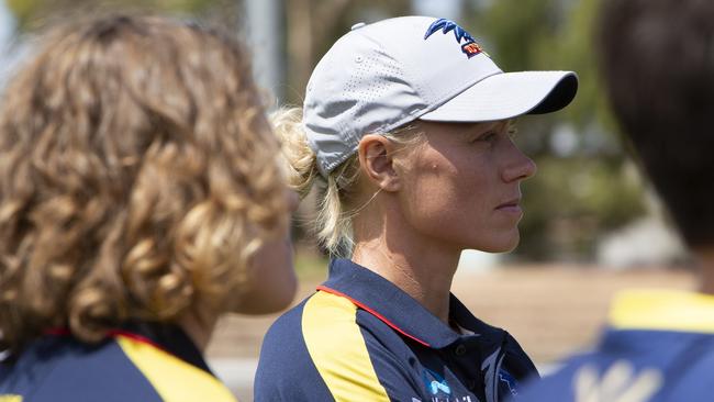 Erin Phillips watches her teammates play their trial game against GWS at Richmond Oval earlier in January. Picture: AAP/Emma Brasier