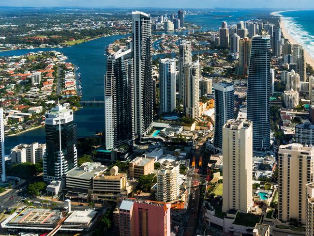 Australia, Gold Coast aerial photo: city centre and beach. Surfers Paradise is major resort town and holiday destination in Australia,