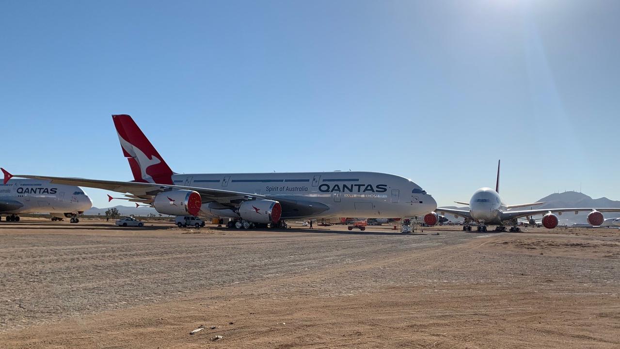 A number of Qantas A380 planes have been placed in the desert for deep storage due to the pandemic. Picture: Supplied