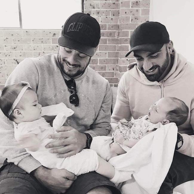 Sports stars Jarryd Hayne and Tim Mannah with their adorable daughters ... “WE ARE fathers. Life is so much better with these little humans. #powerinnumbers @rlplayers” Picture: @tim_mannah/Instagram