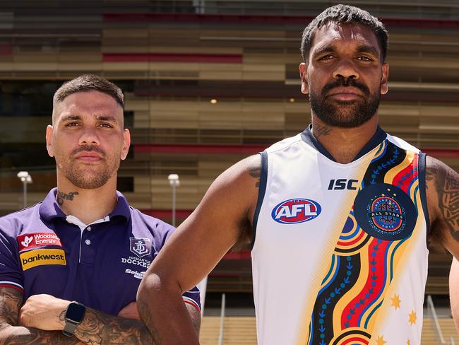 PERTH, AUSTRALIA - OCTOBER 22: Michael Walters of the Dockers, Liam Ryan of the Eagles & Jordan Clark of the Dockers pose for a photo during an Indigenous All Stars media announcement at Optus Stadium on October 22, 2024 in Perth, Australia. (Photo by Stefan Gosatti/AFL Photos/via Getty Images)