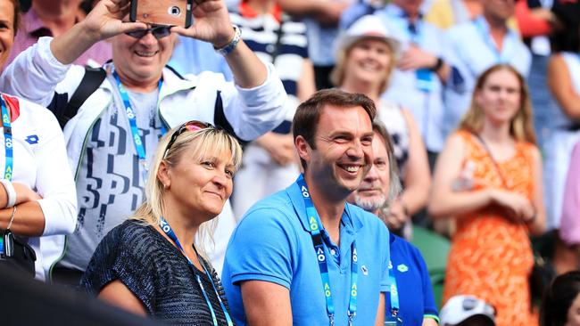 Denis Istomin's support staff are all smiles after his win. Picture: Mark Stewart