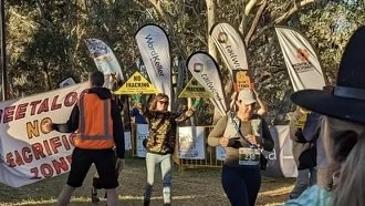 Central Australian Frack Free Alliance protesters voiced their concerns against fracking next to Chief Minister Natasha Fyles in Alice Springs over the weekend. Picture: CAFFA