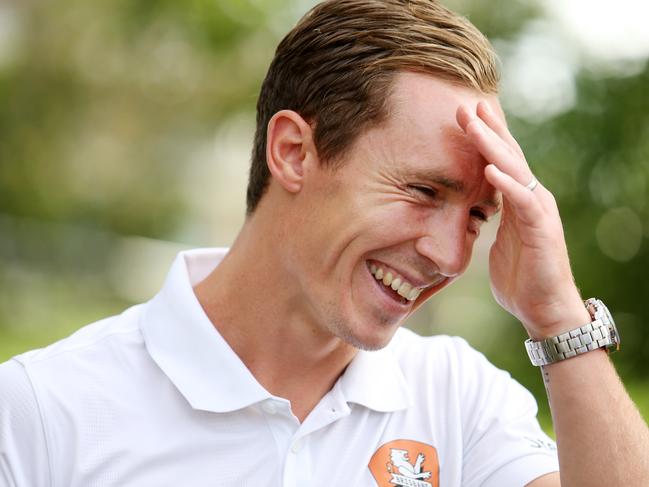 Brisbane Roar skipper Matt Smith announcing at a press conference that he has quit the club. Pics Tara Croser.