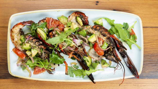 Mooloolabah king prawns with pickled chilli, piperade and lemon. Pictures: AAP/Renae Droop