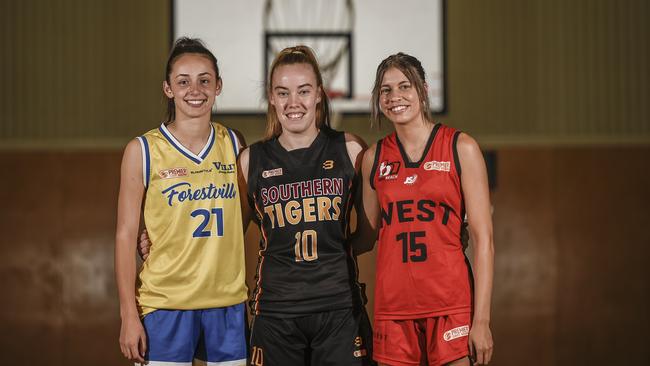 Players Gabi Vidmar (Forestville), Isabella Stratford (Southern Tigers) and Jasmin Fejo (West Adelaide) pictured in the lead up to the inaugural NBL1 Central season. Picture: Roy VanDerVegt