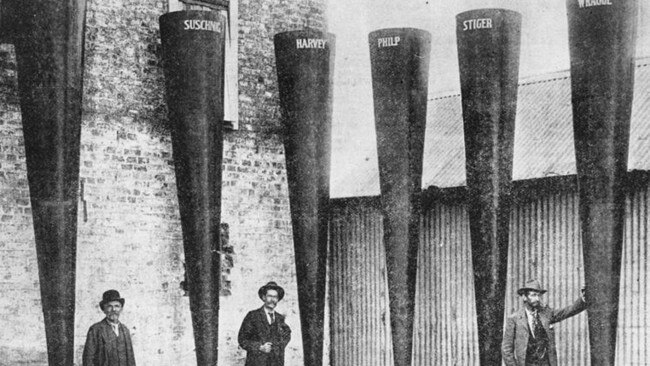 Six Stiger Vortex rain maker guns at Charleville, as championed by Clement Wragge. Picture: State Library of Queensland