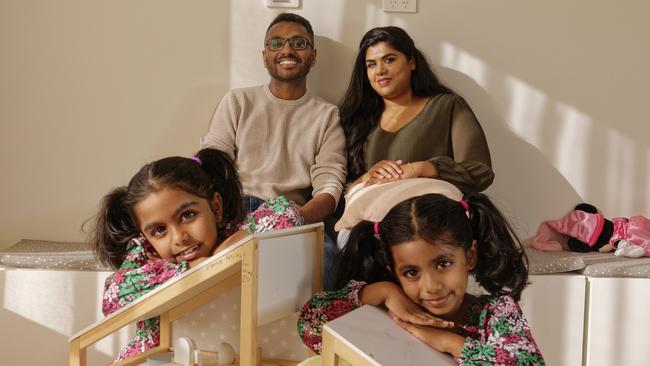 Melbourne Housing Construction Getting More Affordable. Werribee family of Haridev Nadarajan and wife Barathi Loganathan with their girls Yaalynie, 7, and Ahanya, 5. Picture: Valeriu Campan