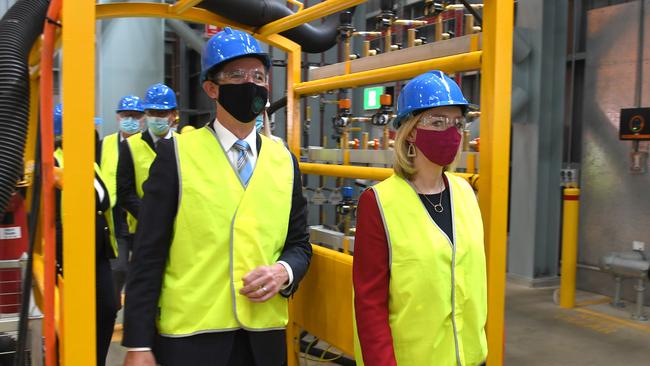 The-then finance minister Simon Birmingham tours BAE Systems Australia’s Osborne shipyard in 2022, with the-then UK foreign secretary Liz Truss. Picture: Tricia Watkinson.