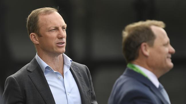 SUNSHINE COAST, AUSTRALIA - AUGUST 30: Television commentators Kevin Walters and Darren Lockyer look on before the round 16 NRL match between the Melbourne Storm and the Manly Sea Eagles at Sunshine Coast Stadium on August 30, 2020 in Sunshine Coast, Australia. (Photo by Ian Hitchcock/Getty Images)