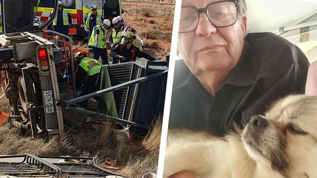 Gary Tucker is reunited with Misha, the Tibetan spaniel, after the dog was lost in the outback for five months. Picture: Supplied