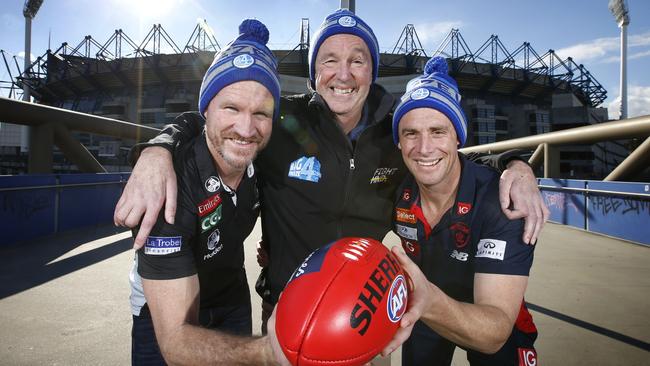 Neale Daniher with Collingwood coach Nathan Buckley and Melbourne coach Simon Goodwin outside the MCG. Picture: David Caird