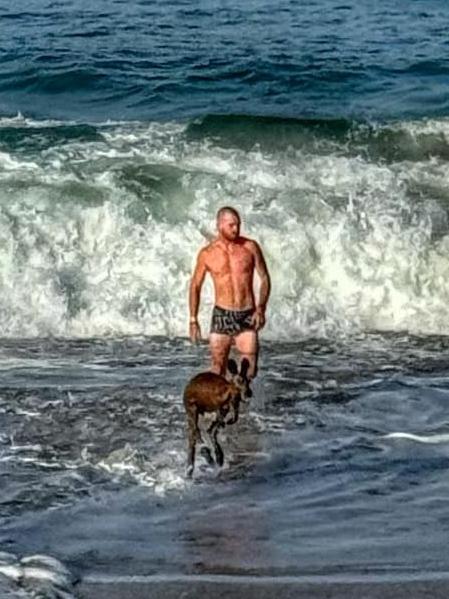 He went viral after stripping off to rescue a bewildered Kangaroo who got lost in turbulent waters at Port Noarlunga. Picture: Facebook