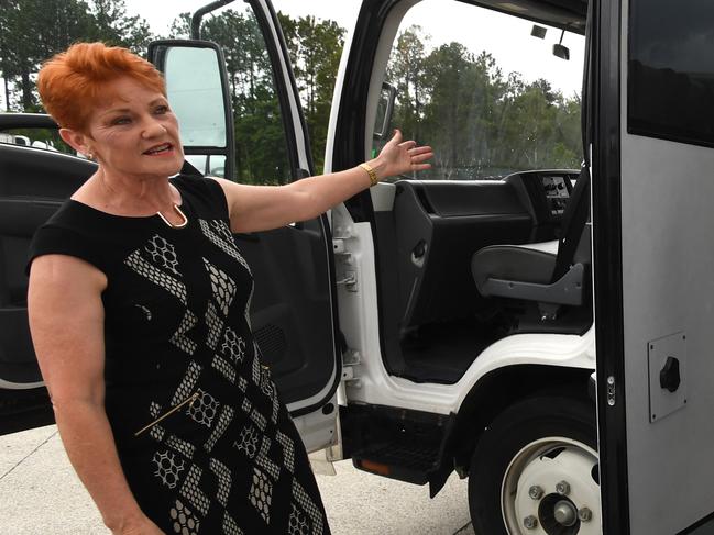 One Nation leader Pauline Hanson (left) and Queensland One Nation leader Steve Dickson are seen as Dickson is picked up at a Nambour petrol station after  the bus departed from Brisbane, Monday, November 6, 2017.  Hanson will conduct a regional tour of the state as the state election campaign enters its second week, speaking to residents about the major issues for them leading into the election. (AAP Image/Dave Hunt) NO ARCHIVING