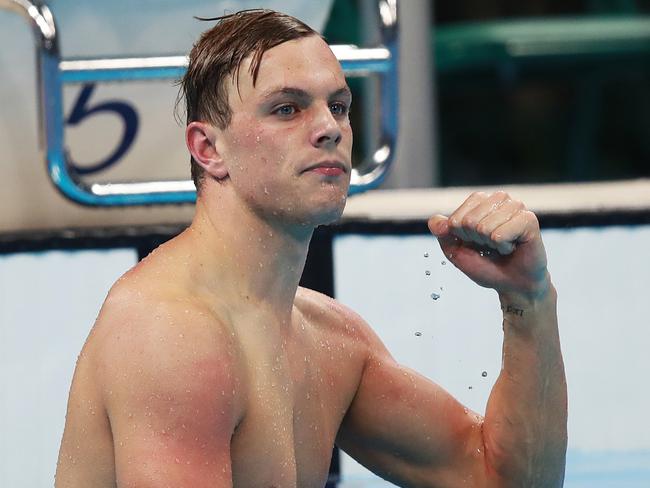 Australia's Kyle Chalmers celebrates winning the Gold medal in the Men's 100m Freestyle Final on day five of the swimming at the Rio 2016 Olympic Games. Picture. Phil Hillyard