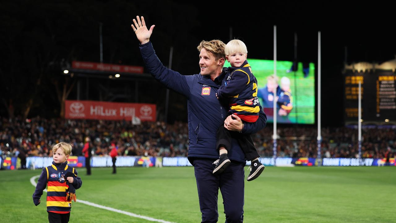 He had his kids with him for a lap of honour pre-match. (Photo by James Elsby/AFL Photos via Getty Images)