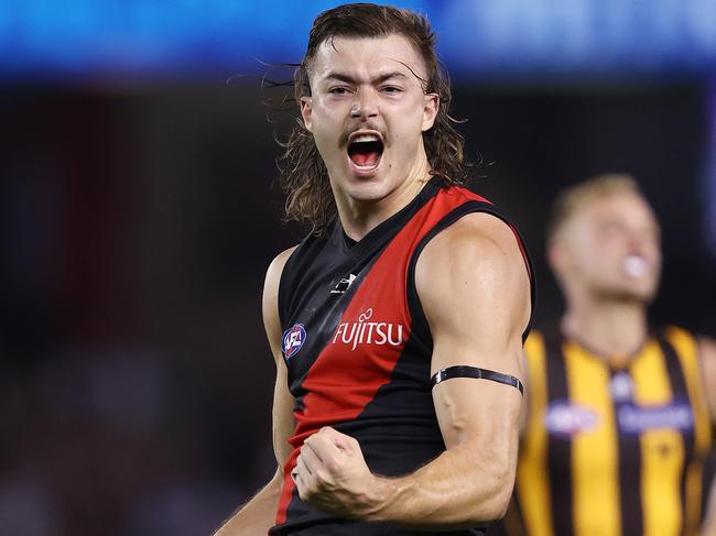 AFL Round 1. 20/03/2021.Essendon v Hawthorn at the Marvel Stadium, Melbourne.  Sam Draper of the Bombers celebrates his goal in the fourth quarter     . Pic: Michael Klein