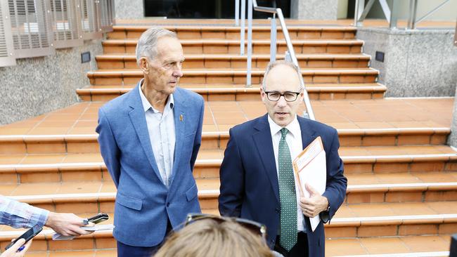 Bob Brown and lawyer Roland Browne outside the Hobart Magistrates Court. Picture: MATT THOMPSON