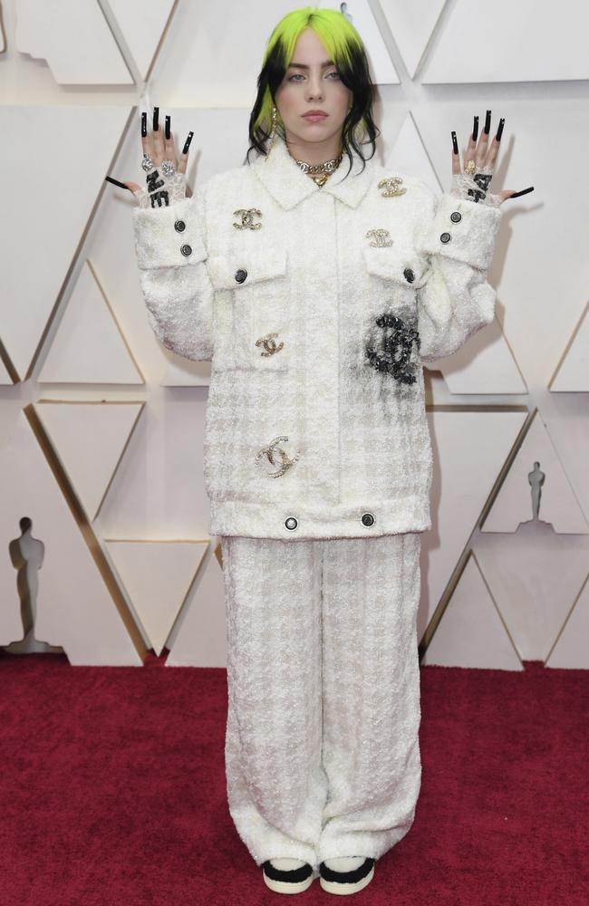 Grammys darling Billie Eilish is wearing custom Chanel at the Oscars. Picture: AP