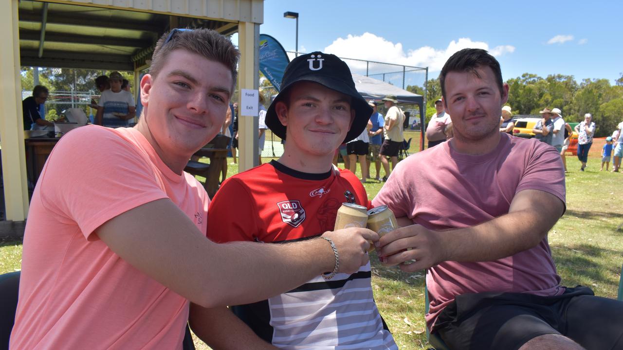 (L) Cruize Bandholz, Eden and Jeremy Wheeler enjoy drinks at the Poona Australia Day celebrations. Photo: Stuart Fast