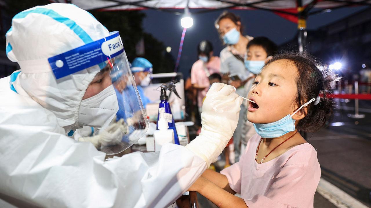 A child being tested for Covid-19 in Lianyungang in China’s eastern Jiangsu province. Picture: STR/AFP