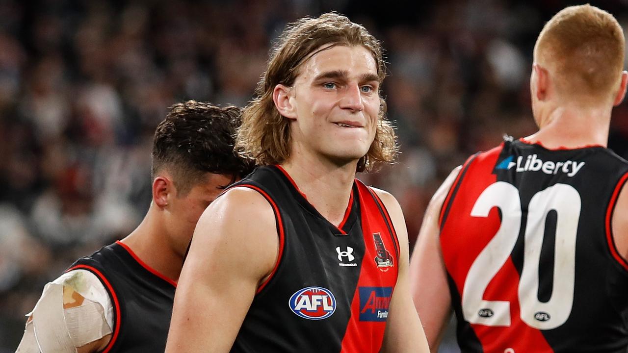 Harrison Jones was the width of the goalpost away from being Essendon’s hero. Picture: Dylan Burns/AFL Photos via Getty Images