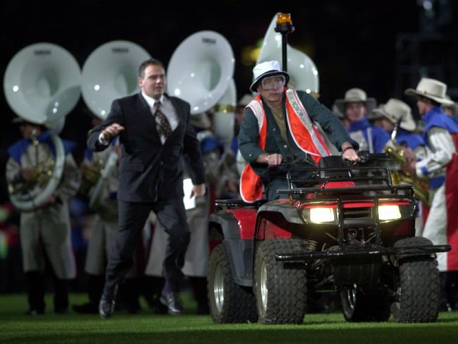 Los Trios Ringbarkus performer Neill Gladwin was the ‘Lawnmower Man’ during the epic Sydney 2000 Olympic Games closing ceremony stunt. Picture: Ross Land/Getty Images