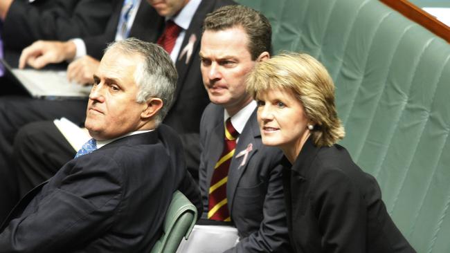 Malcolm Turnbull, Christopher Pyne and Julie Bishop during Question Time in 2009. Picture: Gary Ramage