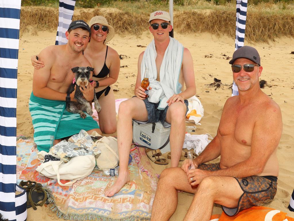 Jonathon Weir, dog Billie, Carly Wood, Jack Wood and Dave Wood enjoying Boxing Day 2024 at Fishos Torquay. Picture: Alison Wynd