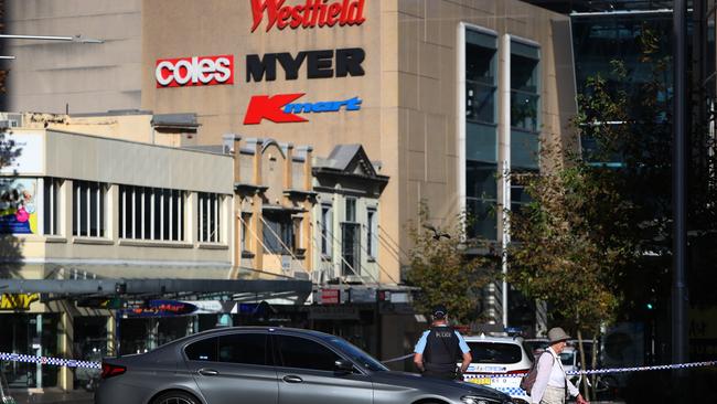 Police cordon off Westfield Bondi Juncton on Saturday. Picture: Lisa Maree Williams/Getty Images