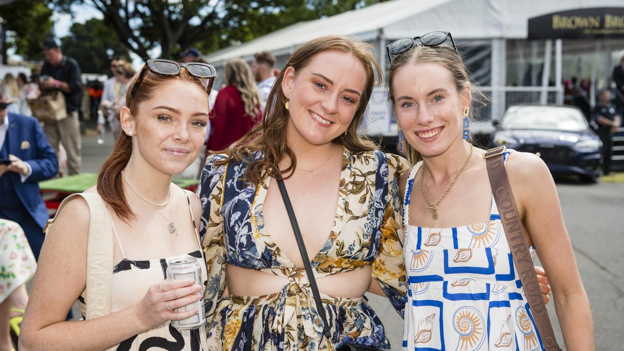 At 2023 Audi Centre Toowoomba Weetwood race day are (from left) Hannah Nelson, Felicity Anderson and Grace Lange. Picture: Kevin Farmer