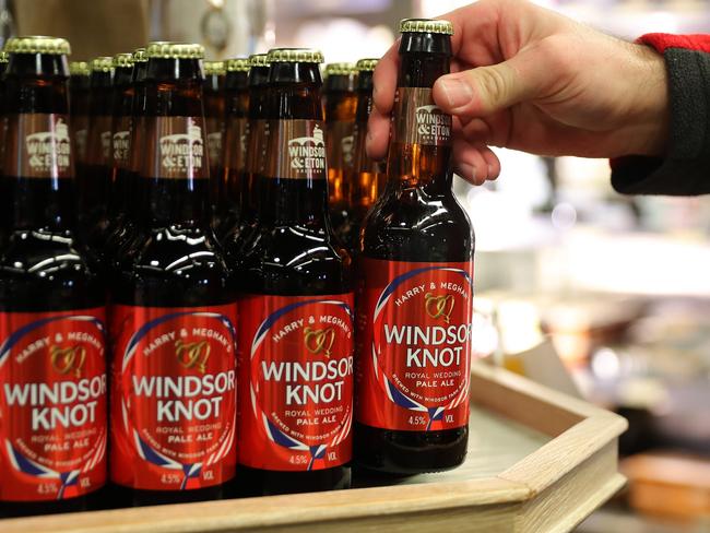 Bottles of the new Harry &amp; Meghan's Windsor Knot ale, a limited edition craft beer brewed to mark the royal wedding. Picture: AFP/Daniel Leal-Olivas