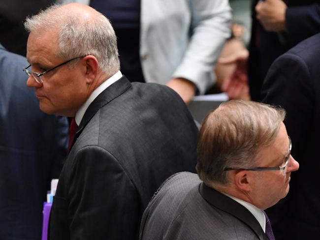 Prime Minister Scott Morrison and Leader of the Opposition Anthony Albanese in a division during Question Time in the House of Representatives at Parliament House in Canberra,Thursday, October 24, 2019. (AAP Image/Mick Tsikas) NO ARCHIVING