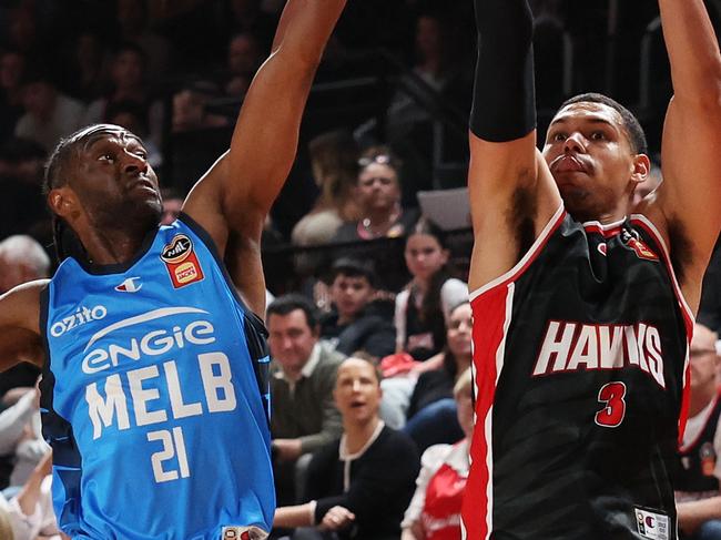 WOLLONGONG, AUSTRALIA - OCTOBER 24: Trey Kell III of the Hawks shoots during the round six NBL match between Illawarra Hawks and Melbourne United at WIN Entertainment Centre, on October 24, 2024, in Wollongong, Australia. (Photo by Mark Metcalfe/Getty Images)