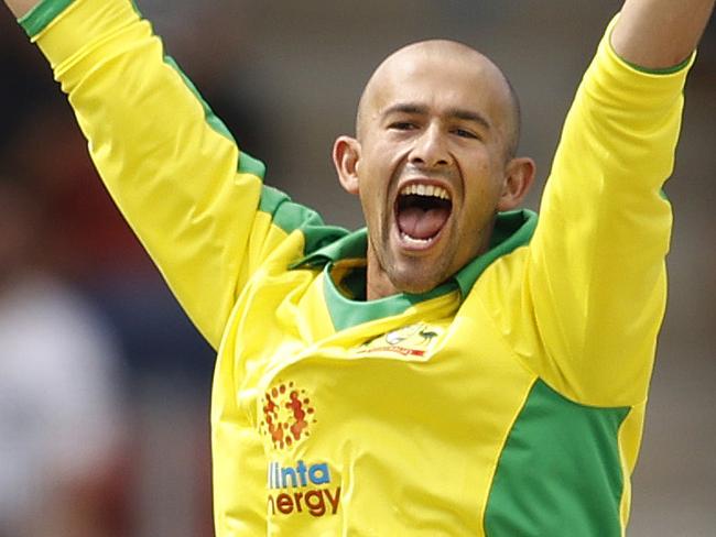 Ashton Agar celebrates his wicket of India's Shubman Gill during the One-Day International between Australia and India at Manuka Oval, Canberra. Picture. Phil Hillyard