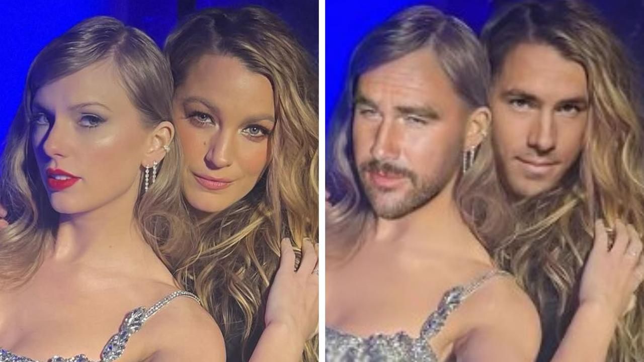 Ryan Reynolds has hilariously trolled Blake Lively and Taylor Swift's glam photo, superimposing his and Travis Kelce's faces onto the pic.