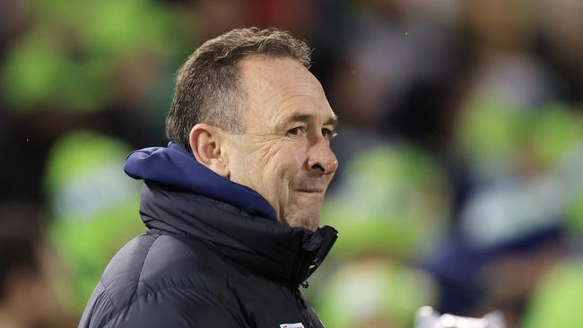 CANBERRA, AUSTRALIA - AUGUST 06: Raiders coach Ricky Stuart looks on during the round 21 NRL match between the Canberra Raiders and the Penrith Panthers at GIO Stadium, on August 06, 2022, in Canberra, Australia. (Photo by Mark Evans/Getty Images)