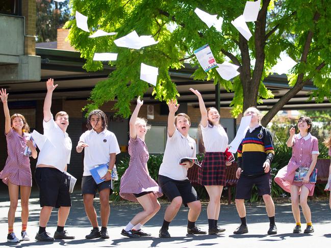 Students at Williamstown High School celebrate the end of VCE exams. L to R Indah Cordell, Blake Symons, Dion Dwipayana, Johanna Toner, Michael Pehm, Dimity Leontos, Jesse Simpson, Greta Montgomery, Millie Dunstone. Picture: Mark Stewart