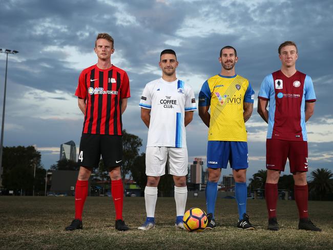 The Gold Coast Premier League football finals start this weekend. The four captains, Matt Noble (Burleigh Heads), Bruno Rodriguez (Surfers Paradise), Leon Bell (Broadbeach United) and Mark Ingerson (Coomera) are ready. Picture Glenn Hampson